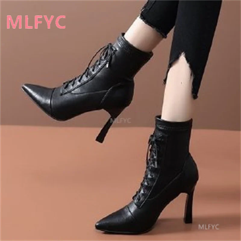 

Autumn and winter high heels women's 2021 new pointed toe lace-up short boots women's net red thin boots stiletto elastic boots