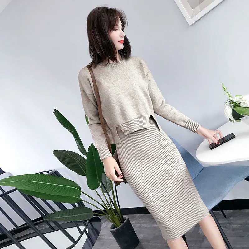 Элегантная женская трикотажная юбка 2 шт. тонкая без рукавов платье свитер Осень