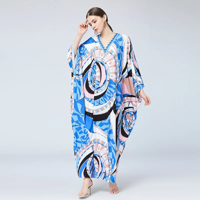 

Cross-Border 2021 Spring New Loose Slim Fit plus Size Women's Clothing V-neck Batwing Sleeve Printed Dress Djellaba