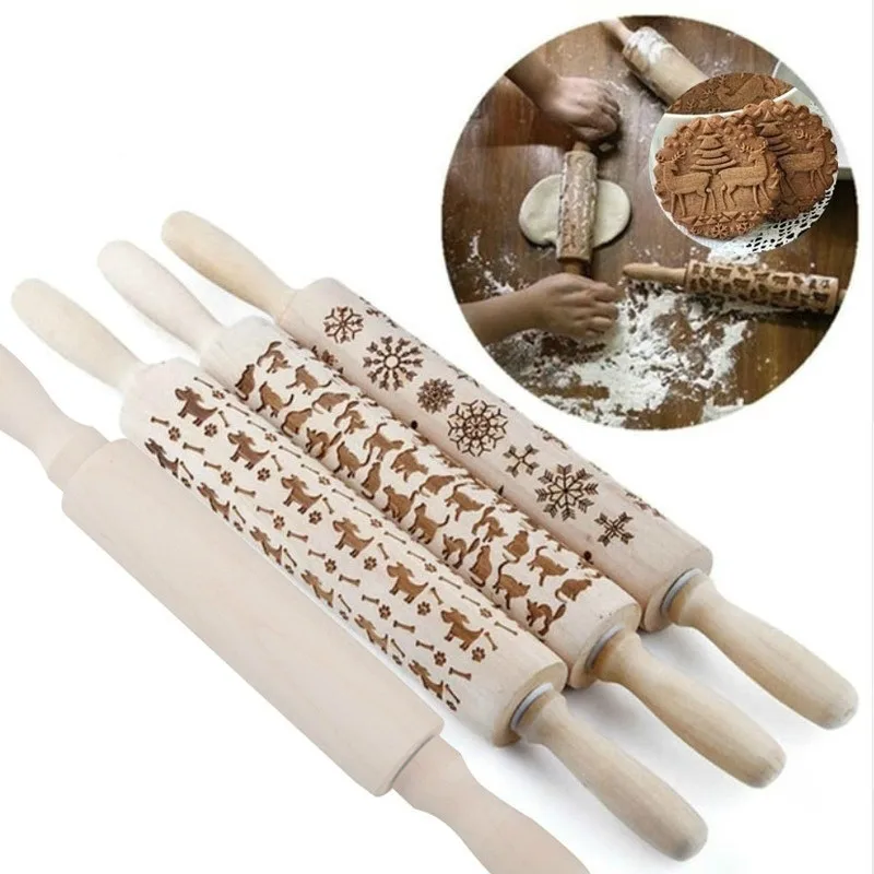 

Christmas Embossing Rolling Pin Baking Cookies Noodle Biscuit Fondant Cake Dough Engraved Roller Reindeer Snowflake Roller Kitch