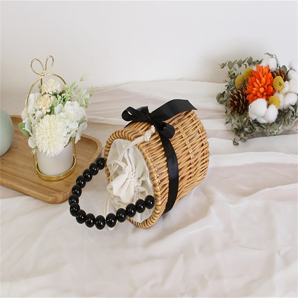 

Leisure Bamboo Handmade Rattan Wicker Straw Lovely Mini Basket Pearl Female New Handwoven Handbag Women Crossbody Bag