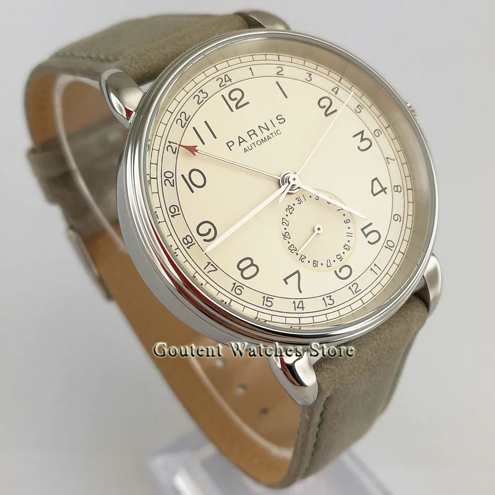 Новые мужские часы Parnis 42 мм GMT топовые брендовые механические серебристый футляр