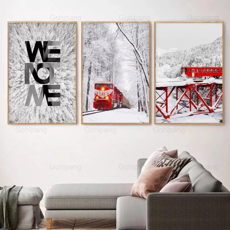 

Красный поезд снег лес пейзаж холст картина скандинавские зимние Природные пейзажи плакат и печать для гостиной домашний декор плакат