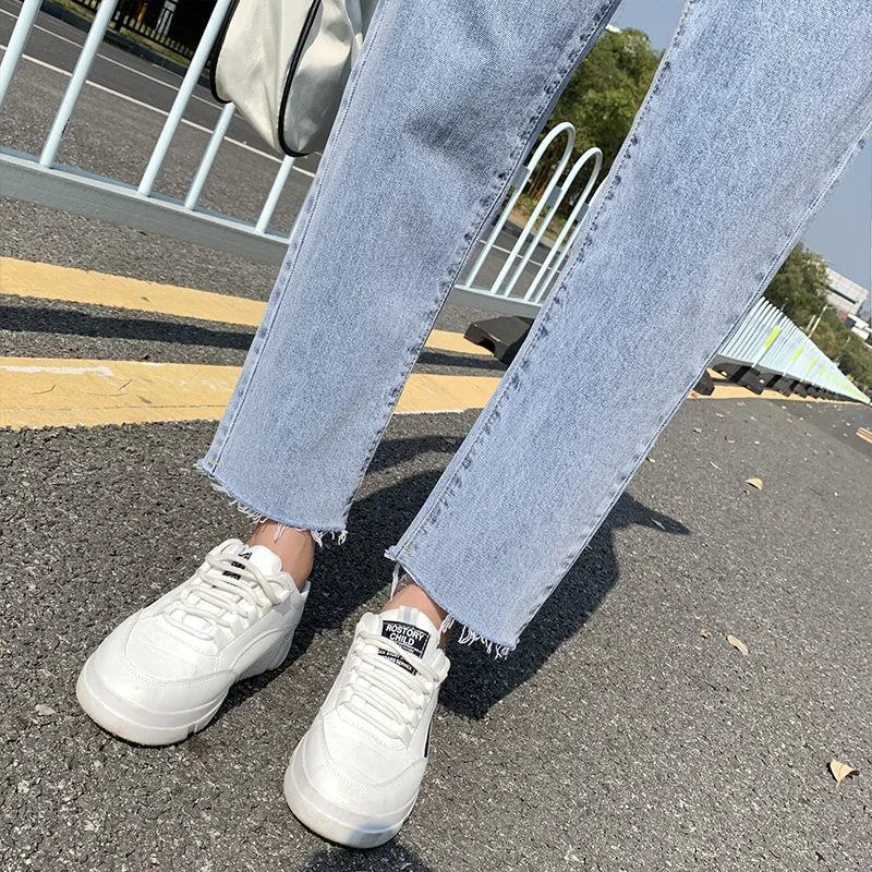 

TongSiHai Jeans Women Ladies High Waist Straight Ankle-length Pants Girls Student Light Blue Cotton Denim Pants