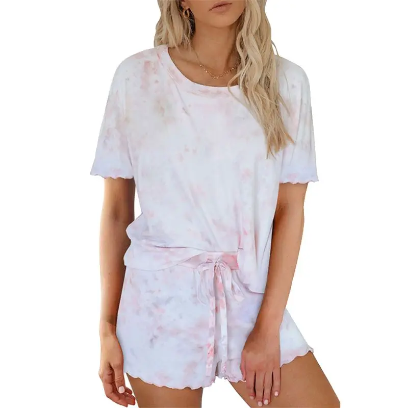 

Women Summer Pajamas Set Gradient Tie-Dye Short Sleeve Ruffles Loose Loungewear X3UE