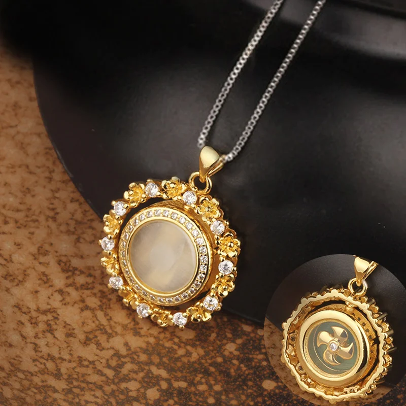 

XUFAN Rotatable Windmill Green Stone Pendant Necklace AAA Cubic Zirconia Pave Silver Color Crystal Necklace Jewelry Women Men