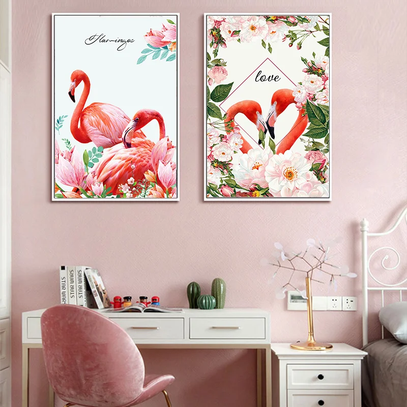 

Pink Nordic Romantic Flamingo Flowers Poster Canvas Wall Art Prints Painting Home Decor Pictures for Living Room Bedroom
