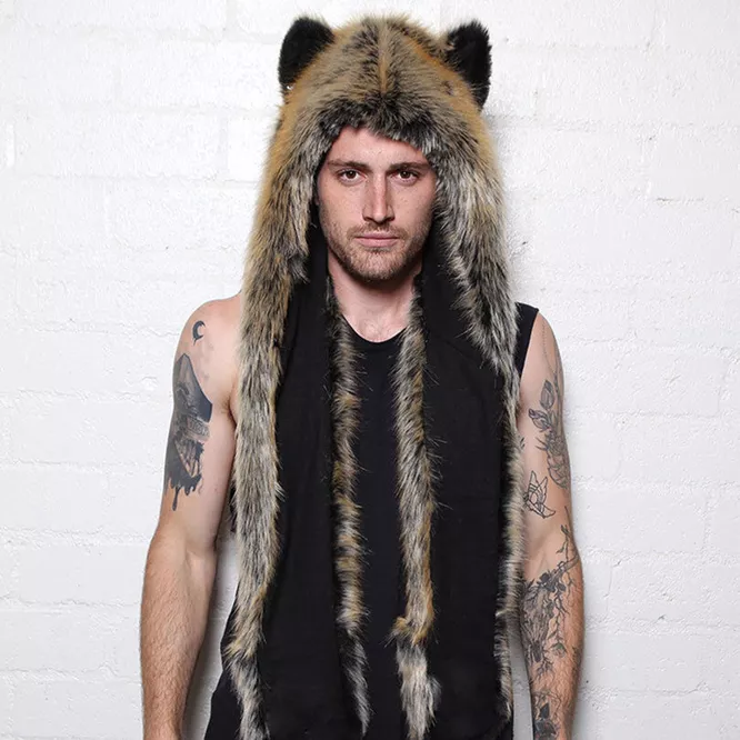 Men/Women Faux Fur Hood Animal Hat Ear Flaps Gloves 3in1 Animal Fur Hat Wolf Plush Warm Imitation Fur Hats Cap with Scarf Gloves