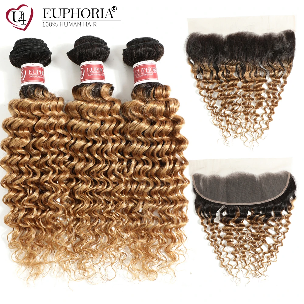 Ombre Blonde Brazilian Remy Human Hair 3 Bundles With Lace Closure Frontal 99J Deep Wave 13x4 EUPHORIA | Шиньоны и парики