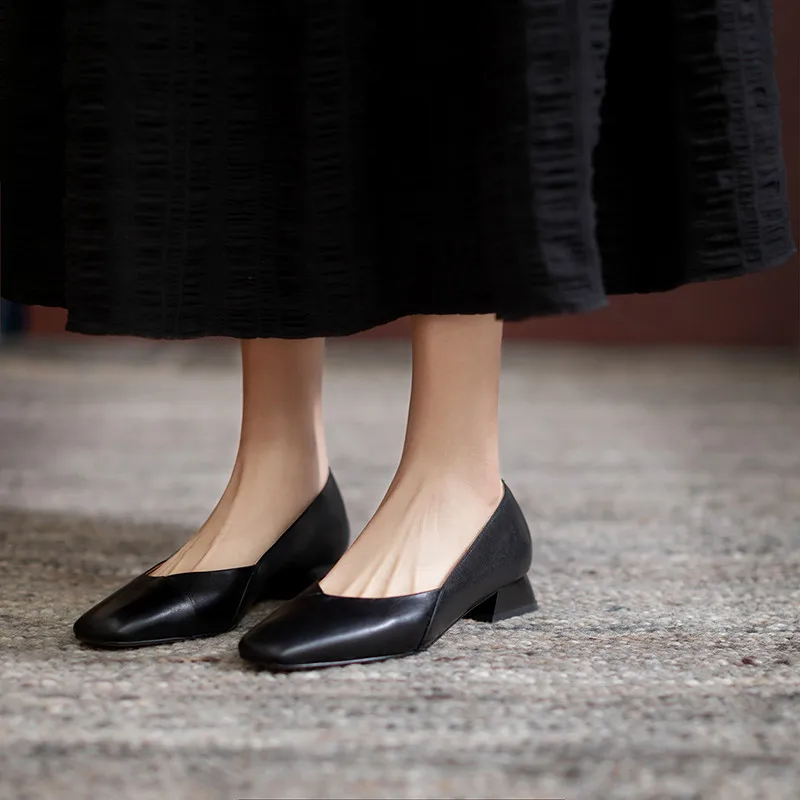 

Retro Low Heels Shoes Woman Genuine Leather Shallow Shoes For Women 2021 Summer Newest Working Casual Women Black Shoes