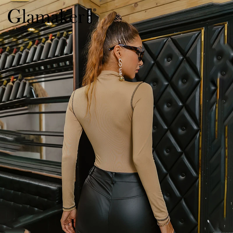 

Glamaker Sexy super elastic bodycon bodysuit tee Women chic basic all-match long sleeve party club stand neck top tee 2021 new