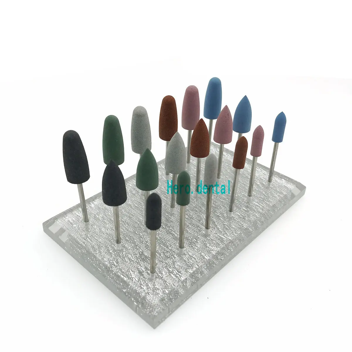 

18pcs 2.35mm Dental Silicone Rubber Resin Base Hidden Denture Polishing Burs+1pc Acrylic18 Holes Drill Stand Holder