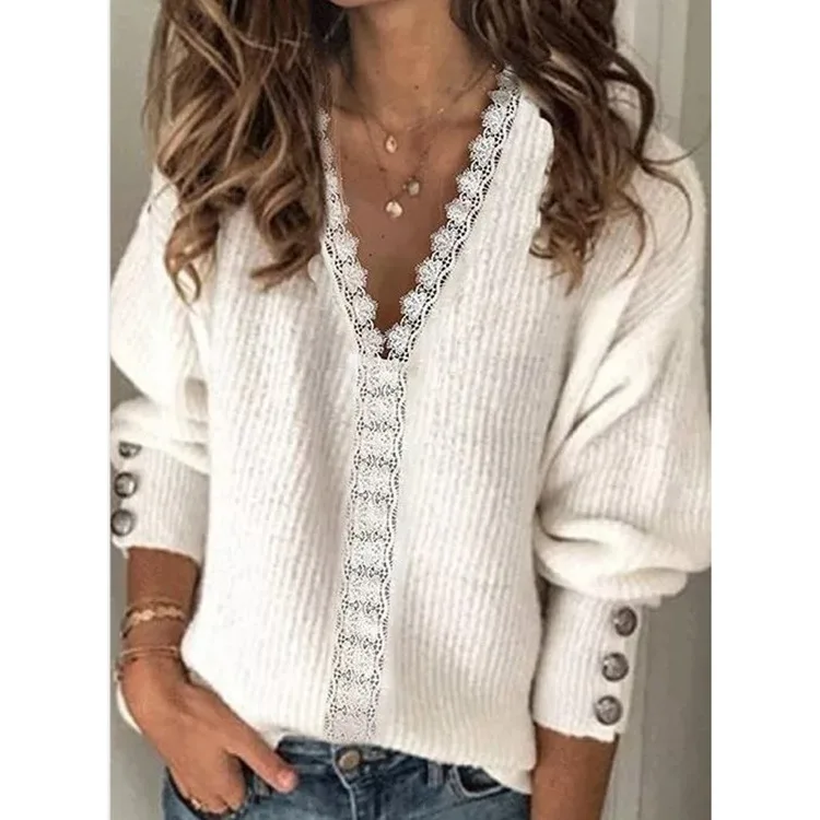 

2022 loose women's pullover sweater V-neck women's knitwear casual fashion shirt, lace long-sleeved warm women's sweater