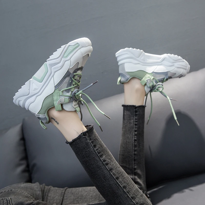 

New Women's Chunky Sneakers Fashion Women Platform Shoes Lace Up Breathable Air Vulcanize Shoes Women Female Trainers Dad Shoes