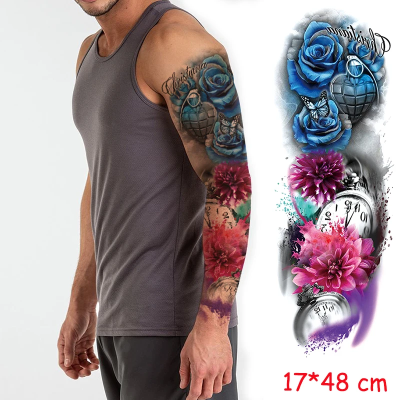 Водостойкие временные тату-Стикеры полностью покрывающие руки красные розы часы