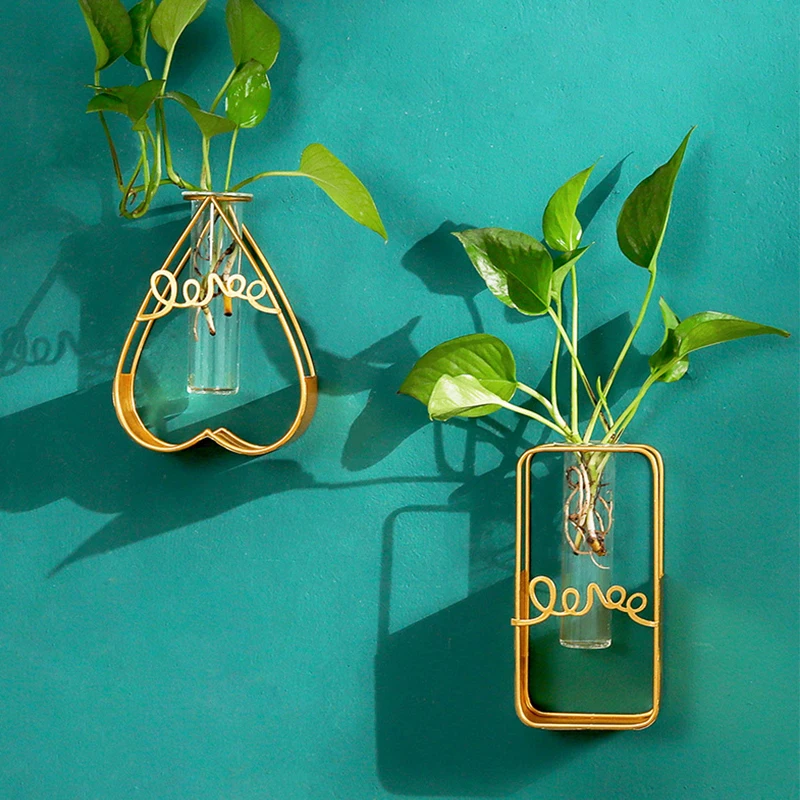 

Nordic Gold Glass Vase Modern Hydroponic Plant Wall Hanging Flowers Pot Terrarium Home Decor Iron Line Metal Plants Holder