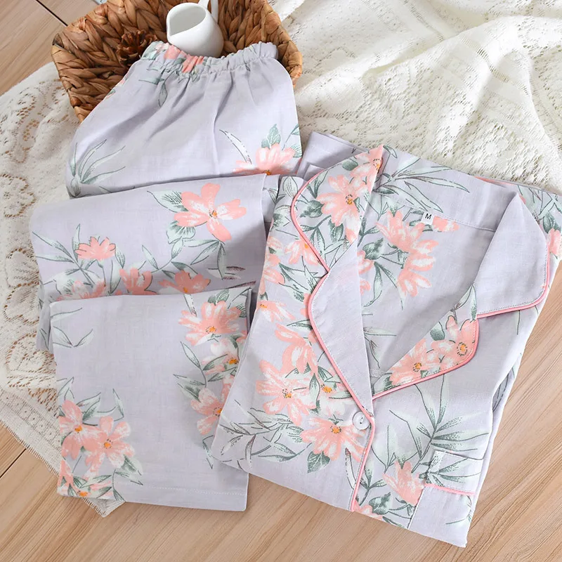 Spring/Autumn New Pajamas Set Women Pure Cotton Gauze Flower Thin Summer Lapel Long Sleeve Sleepwear Ladies Loose Comfy HomeWear