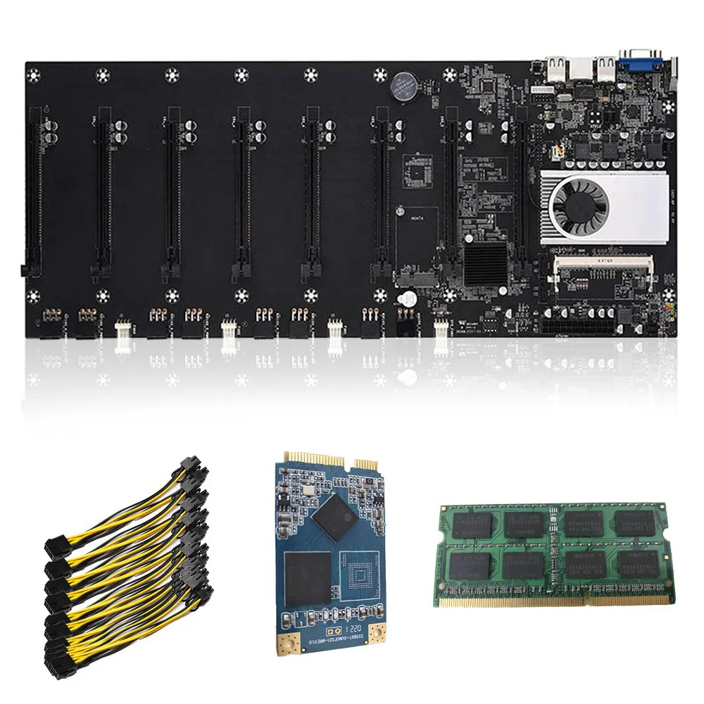 

BTC-T37 Riserless Mining Motherboard 8 GPU Mining Set With 4GB DDR3 1600MHz RAM 1037U 128GB MSATA SSD Power Cable