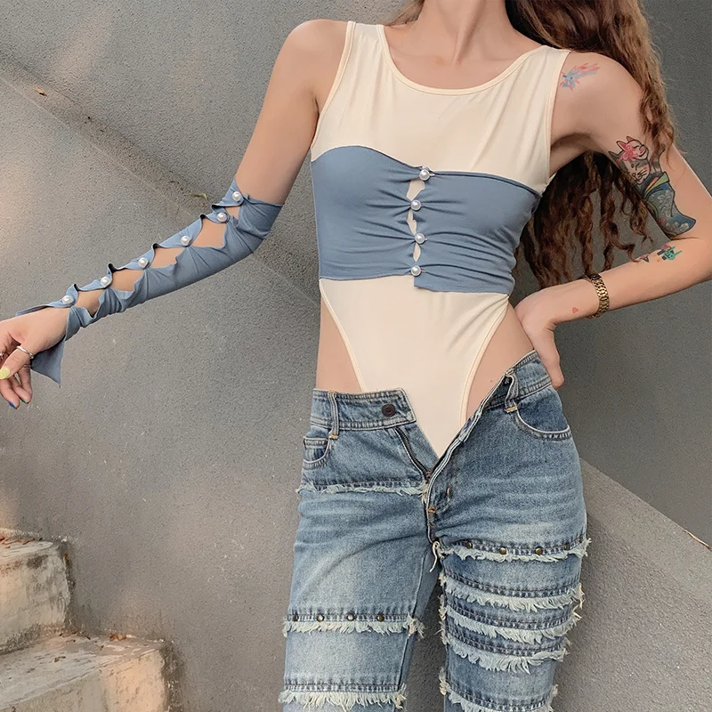 

Sexy Women's Bodysuits Sense Stitching Color Jumpsuits Contrast Fake Two Piece One-piece Summer Versatile Sleeve Fairy Top