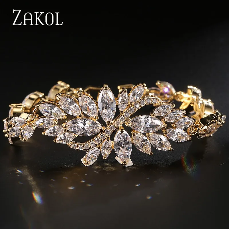 Gold Color Bracelet ZAKOL свадебный ювелирный набор, Свадебный кулон, цветок, серьги-гвоздики с кристаллами, колье, массивное ожерелье, наборы для подружки невесты, Christma FSSP003 - Окраска металла: Gold Color Bracelet
