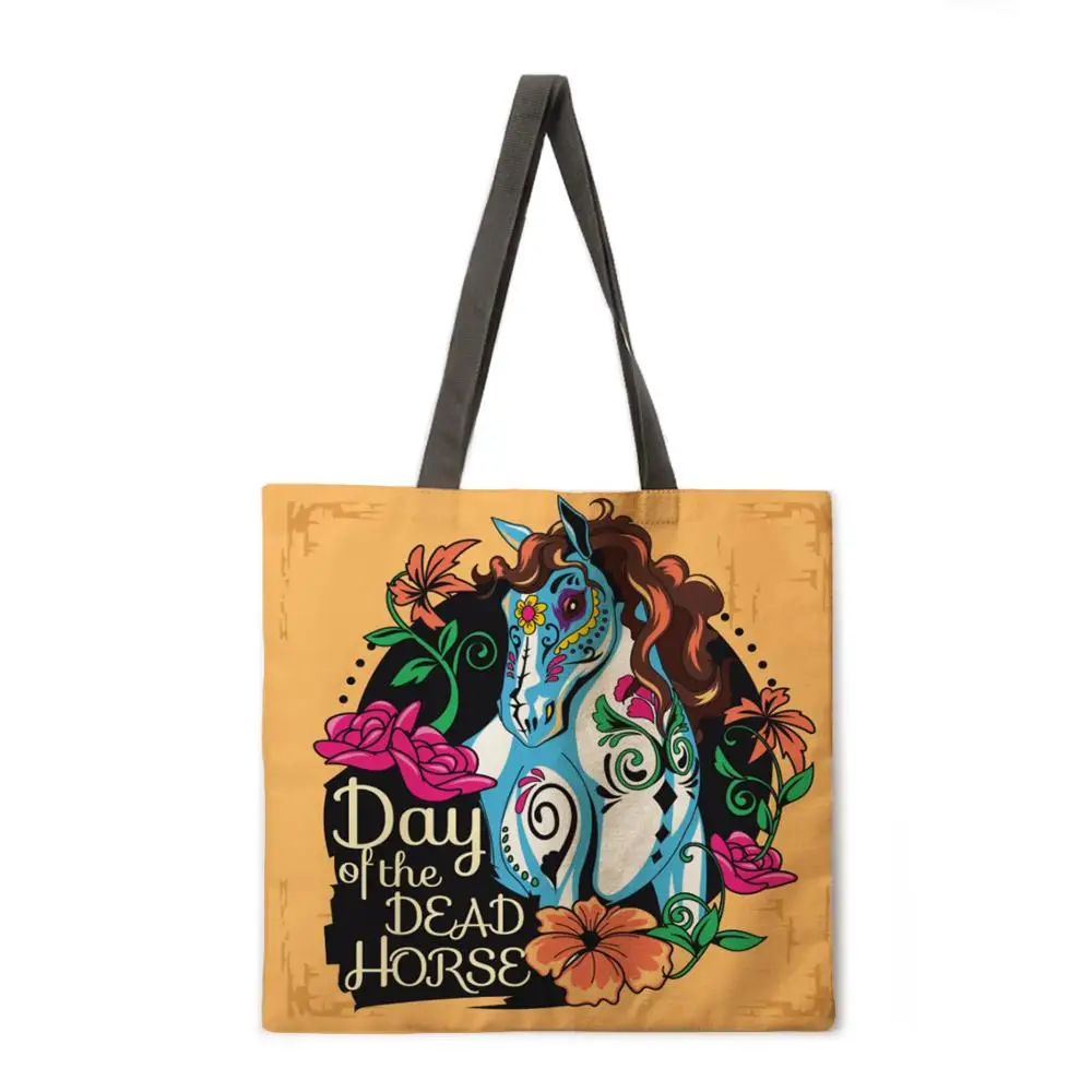 

Folding shopping bag pattern horse lady shoulder bag female leisure handbag outdoor beach bag female tote bag