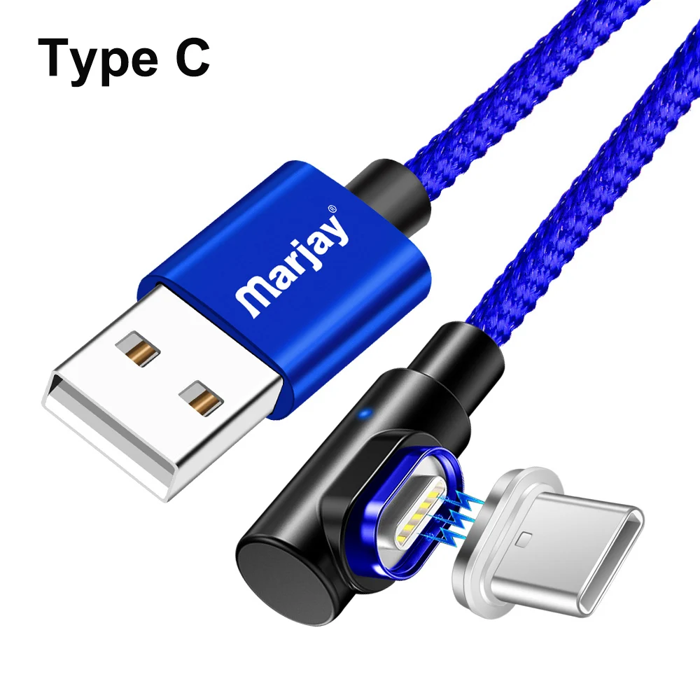 Магнитный кабель Marjay, 90 градусов, Тип C, Micro USB C, быстрая зарядка, Microusb type-C, магнитное зарядное устройство, usb c, зарядный Шнур для iphone 7, 6 - Цвет: Blue Type C Cable
