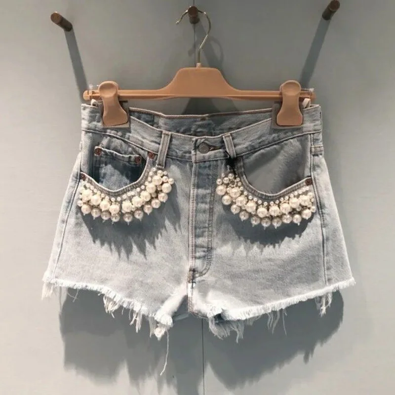 

Женские летние джинсовые шорты, повседневные Простые джинсовые шорты с украшением из жемчуга, роскошный дизайн, модель M5, 2021