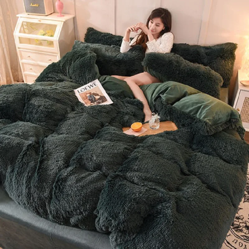 Утолщенный теплый темно-зеленый пододеяльник на осень и зиму роскошный плюшевый