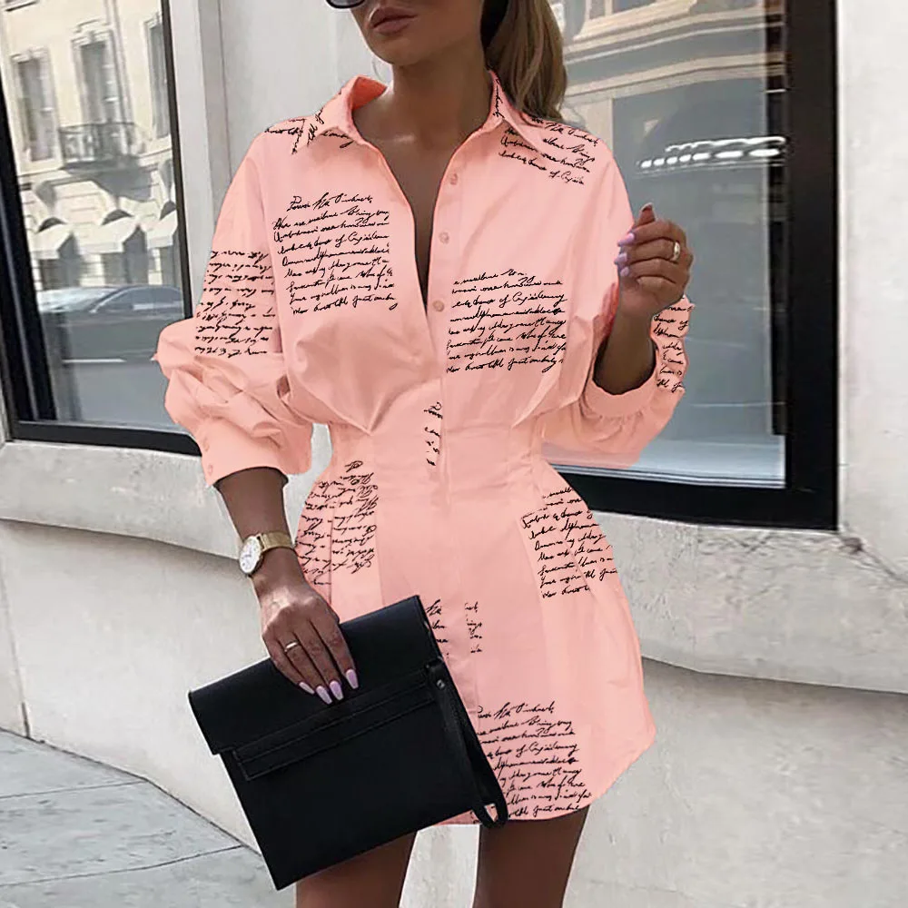 Белый 2021 осень Однотонная рубашка с напечатанным текстом платье для женщин
