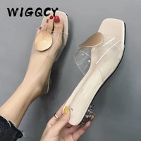 sexy high heels elegant slippers women new summer shoes woman metal buckle transparent square low heels mules shoes female strap