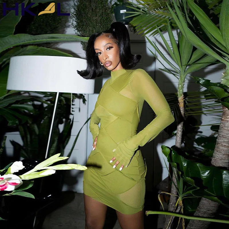 

Women Dress Long Sleeve O-Neck Patchwork Mesh Hipster Criss Cross Bright Line Decoration Clothing Streetwear