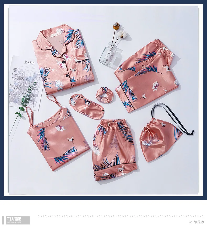 Женская шелковая атласная пижама с цветочным принтом 7 шт. | одежда