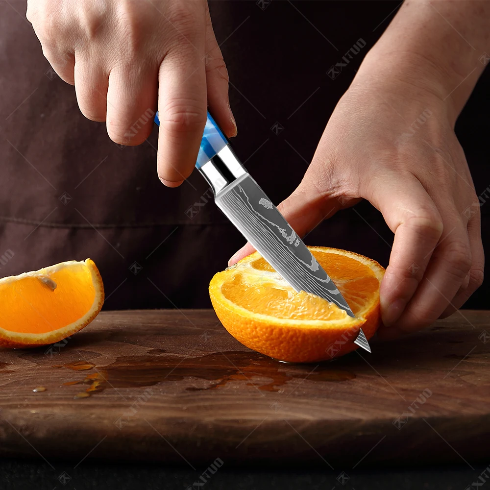 

Kitchen Knives Set Exquisite Blue Resin Handle Laser Damascus Pattern Chef knife Santoku Cleaver Slicing Knives Best Gift