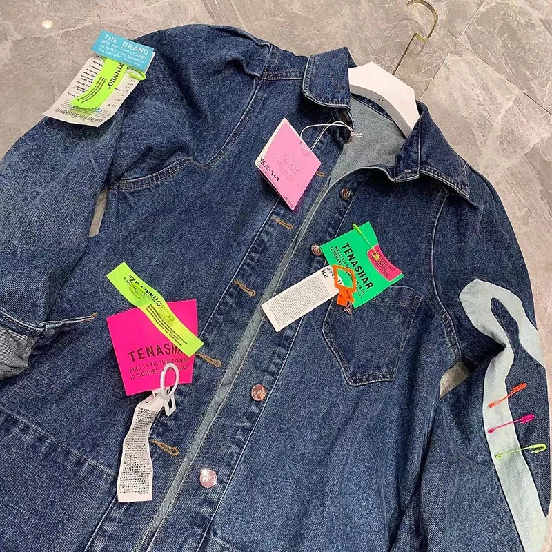 

SISPELL Patchwork Pin Tags Women's Denim Coat Lapel Collar Long Sleeve Oversized For Female Coats Spring Streetwear Tide 2021