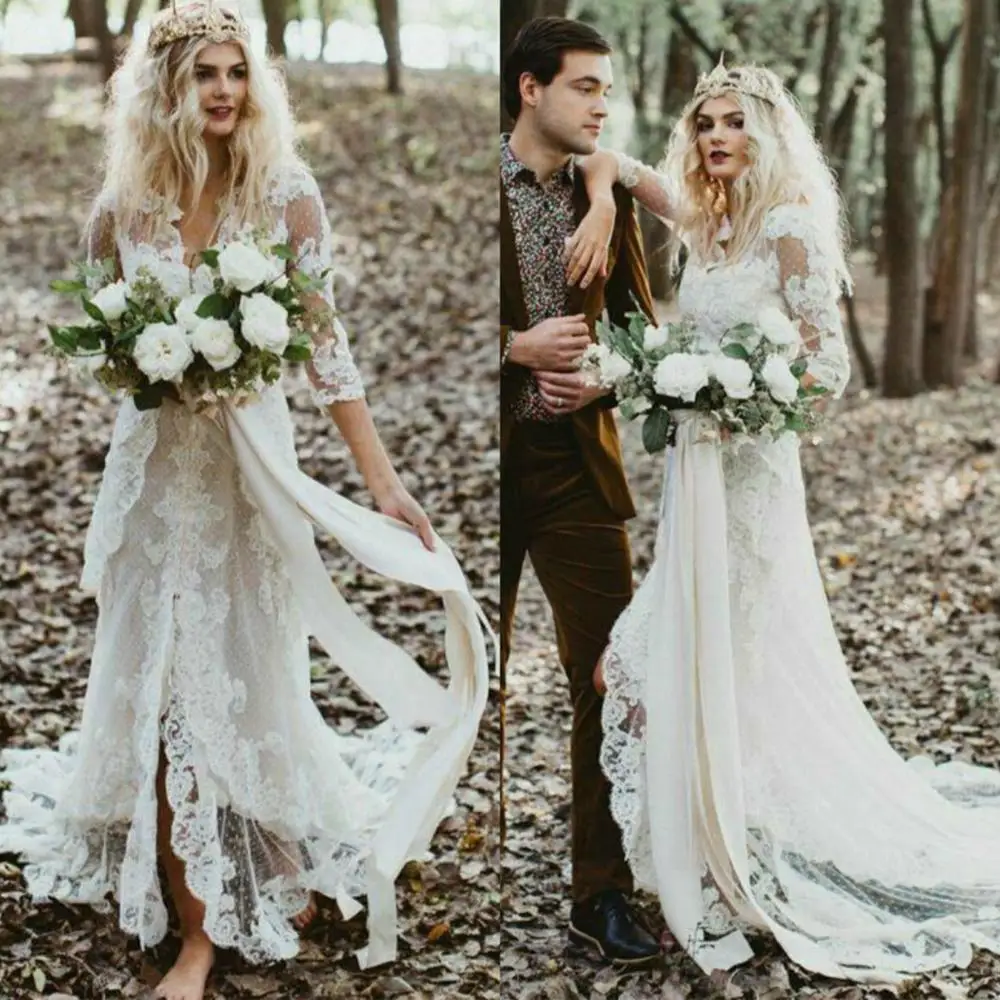 

Bohemian 2020 Wedding Dresses Half Sleeve Lace Appliqued V Neck Garden Outdoor Bridal Dress A Line Country Wedding Gowns Vestido