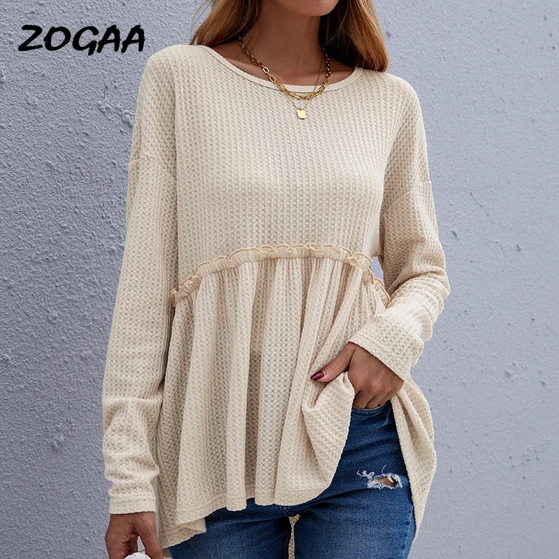 

ZOGAA Sweater Women Spring Autumn New Round Neck Solid Pleated Casual Long-sleeved Ladies Tops Simple Female All-match Patchwork