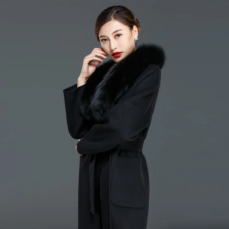 

Natural Fox Fur Autumn Winter Wool Coat Women Black Slim Cashmere OverCoat Thicken Long Jackets casaco feminino