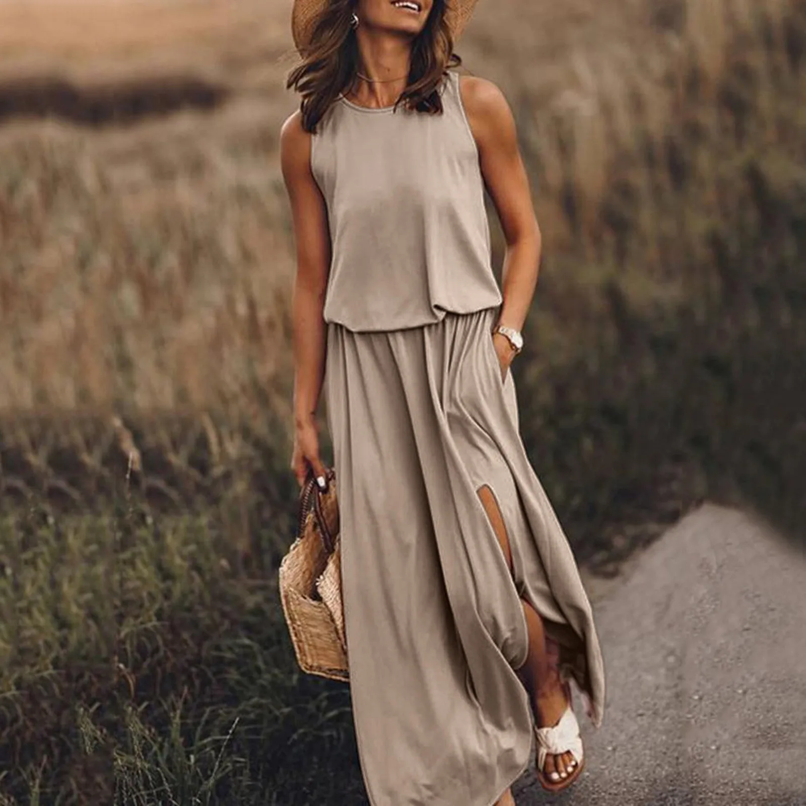 

Summer Ladies Fashion Sexy Sleeveless Solid Color Round Neck Split Casual Simple Dress S-Xxlvestido Largo Verano Mujer F4
