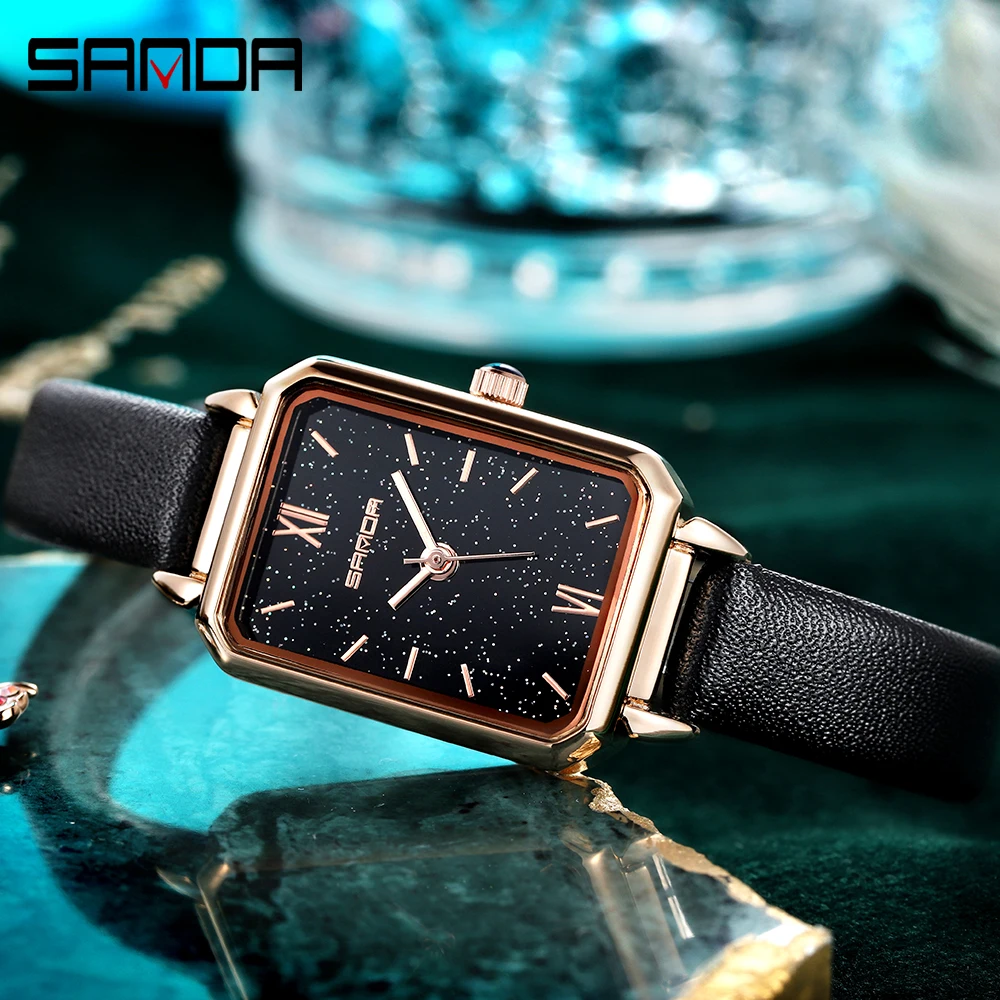 Женские часы Sanda с маленьким прямоугольным зеленым циферблатом элегантные 2020