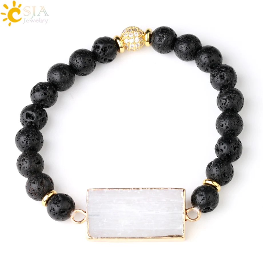 

CSJA White Selenite Lava Bracelet for Women Men 8MM Natural Volcano Stone Bead Wrist Bracelets Essential Oil Jewelry Gift G872