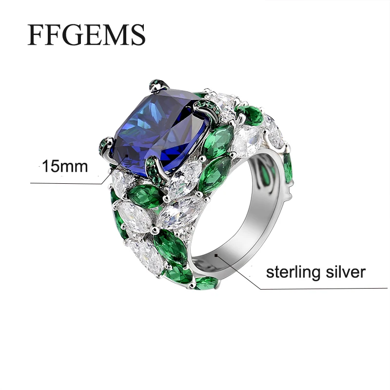 FFGEMS 100% Стерлинговое Серебро 925 пробы большие кольца Аквамарин синий сапфир