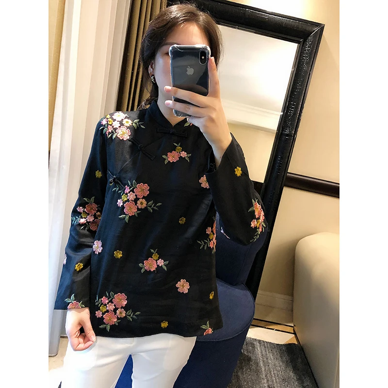 

Женская винтажная рубашка из хлопка и льна, блузка с воротником-стойкой и длинным рукавом, с цветочной вышивкой, S689, весна 2020