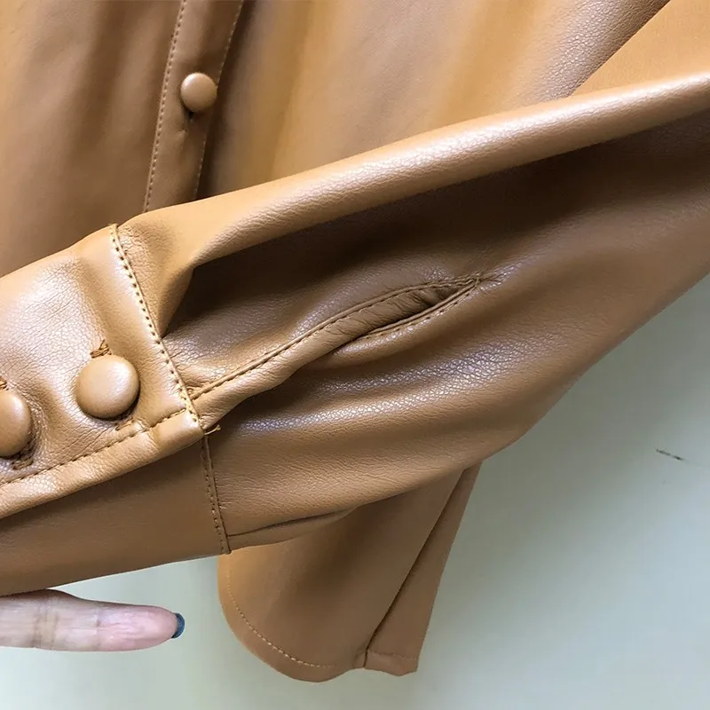 

Vintage Women Pu Leather Shirt Fashion Design Pleated Ruffle Button Up Long Sleeve Shirts Spring Office Ladies Elegant Blouse