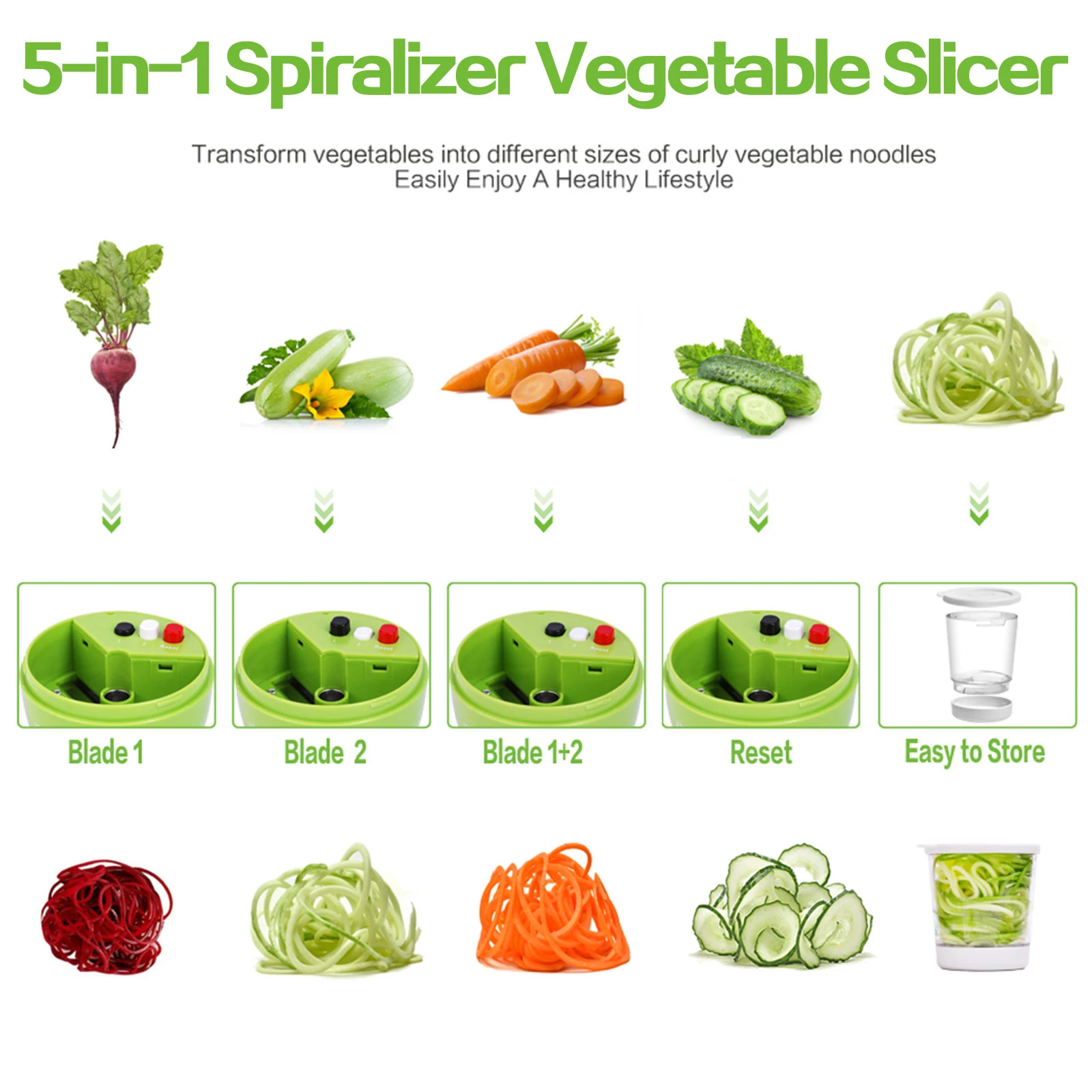 

5 in1 Handheld Spiralizer Vegetable Slicer Adjustable Spiral Cutter with Container Zucchini Noodle Spaghetti Maker Spiral Slicer