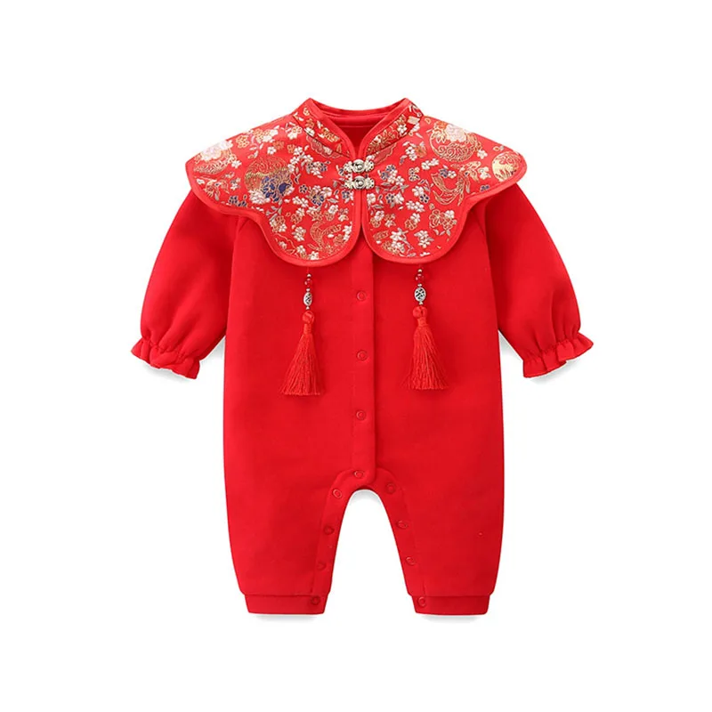 

Red Winter Baby Embroidered Jumpsuit New Christmas New Year Party Jumpsuit Newborn Long Sleeve Fashion Clothes