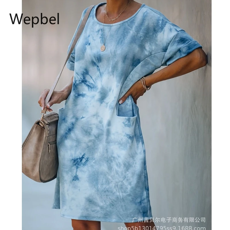 

Женское платье с коротким рукавом, круглым вырезом и принтом