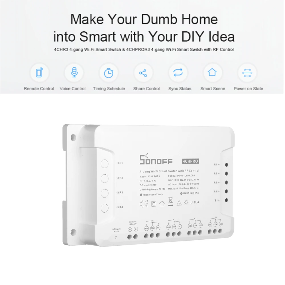 SONOFF 4CH PRO R3 ITEAD RF 433MHz 4 Gang WiFI Switch 3 Working Modes Self-Locking/Inching/Interlock WiFi Smart Home | Электроника