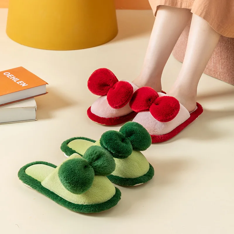 

Симпатичные женские хлопковые тапочки с бантом, зимние теплые Нескользящие тапочки для дома, модные домашние плюшевые тапочки для пар