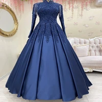 muslim long sleeve navy blue evening dress 2022 with beaded high neck a line floor length dubai prom dresses elegant formal gown