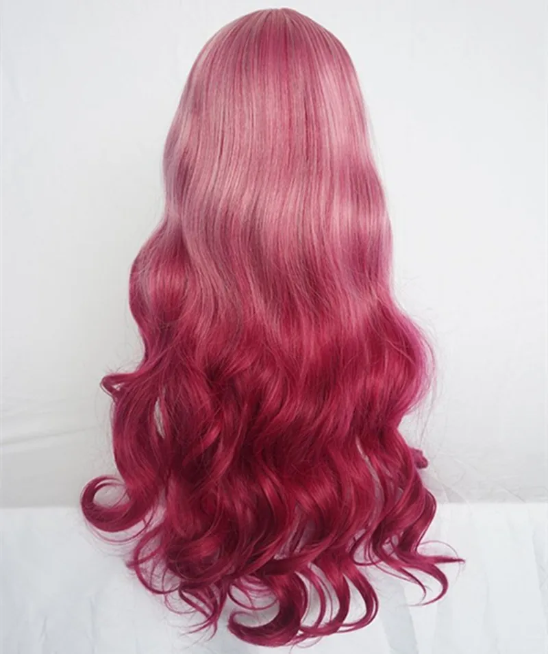 Длинный волнистый розовый и красный парик со средней частью из термостойкого